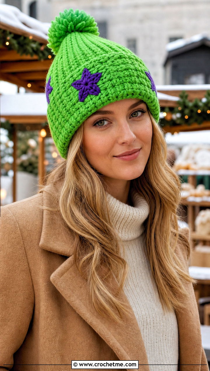 Pom Pom Crochet Star Beanie With Sweater Dress - 25 crochet star hat outfit ideas