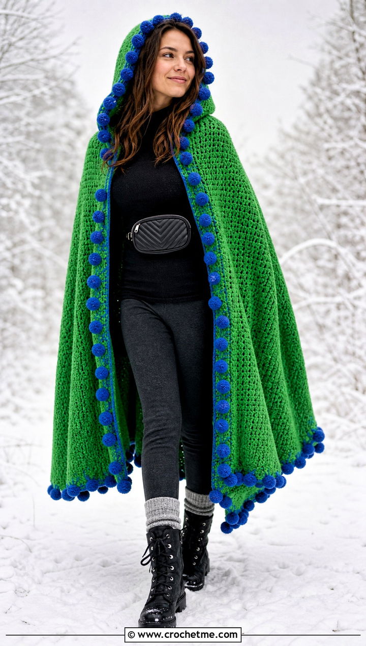Pom Pom Crochet Super Hero Cape With Winter Leggings - 25 Crochet Super Hero Cape outfit ideas