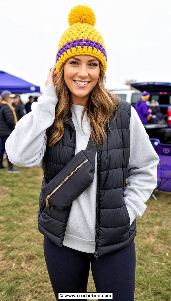Pom Pom Crochet Team Hat With Puffer Vest - 15 Crochet Football Team Hat outfit ideas