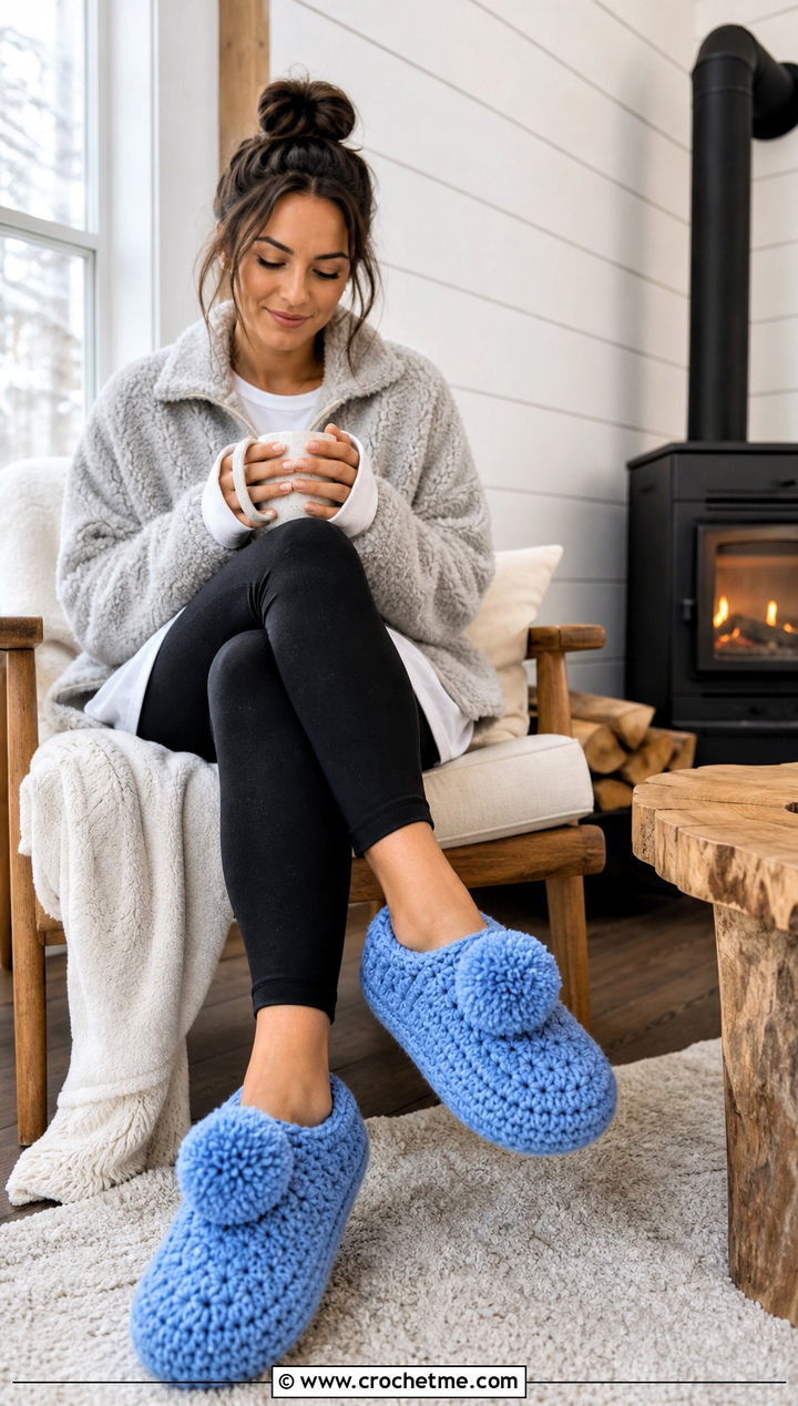 Pom Pom Crocheted Slippers With Fleece Leggings - 25 Easy Crocheted Slippers outfit ideas
