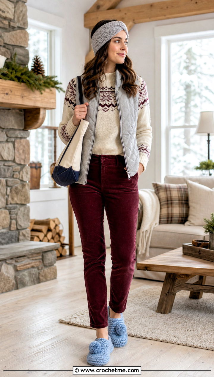 Pom Pom Crocheted Slippers With a Fair Isle Sweater - 35 crocheted slippers outfit ideas