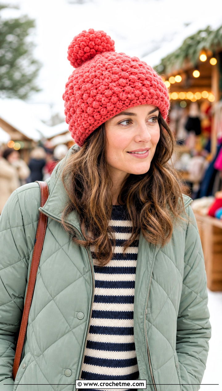 Pom Pom Curly Cue Hat With Quilted Jacket - 25 Crochet Curly Cue Hat outfit ideas