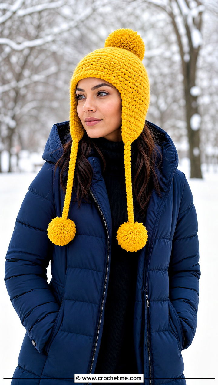 Pom Pom Earflap Crochet Beanie With Puffer Coat - 25 Earflap Crochet Beanie outfit ideas