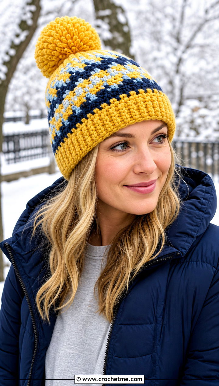 Pom Pom Fair Isle Crochet Beanie With Puffer Jacket - 30 fair isle crochet hat outfit ideas