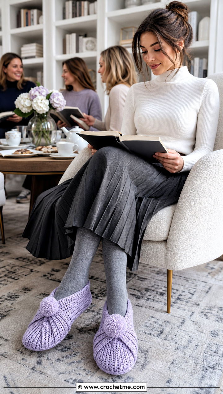 Pom Pom Folded Crochet Slippers With Pleated Skirt - 25 Folded Crochet Slippers outfit ideas