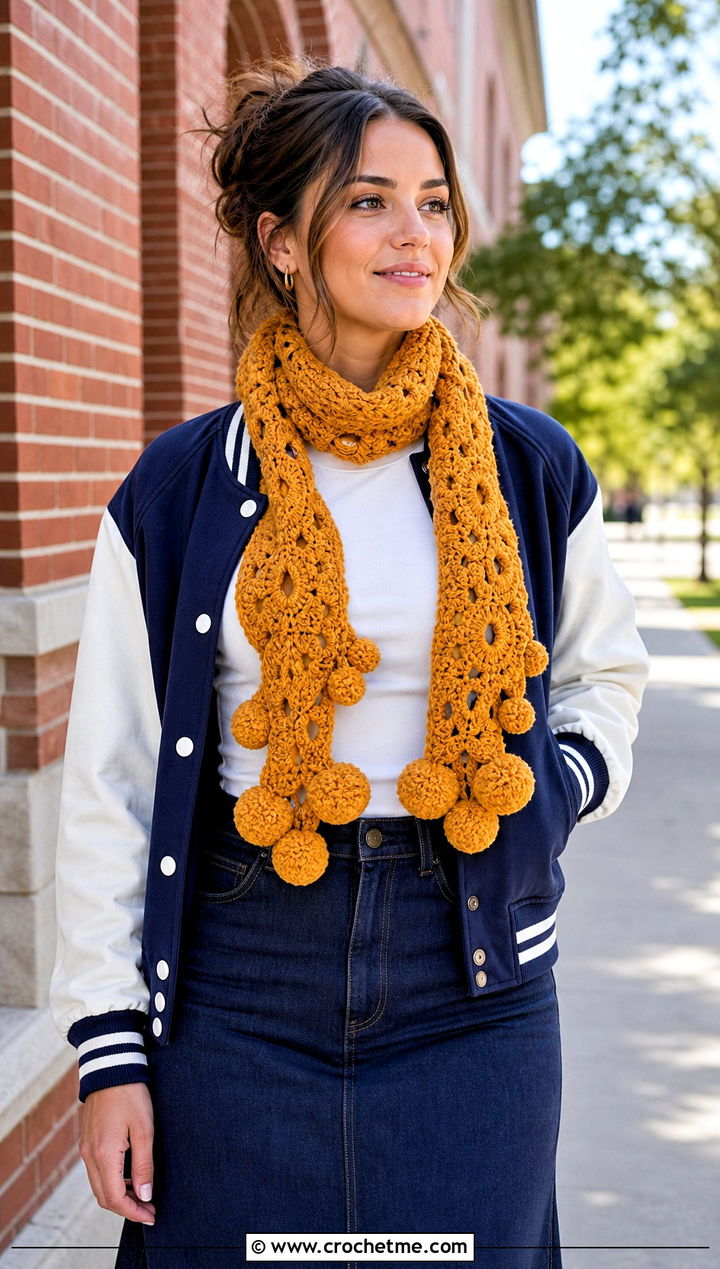 Pom Pom Freeform Crochet Scarf With Varsity Jacket And Denim Skirt - 25 Freeform Crochet Scarf outfit ideas