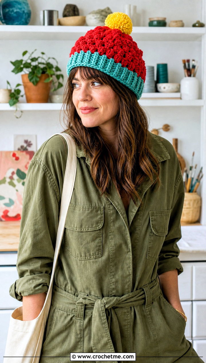Pom Pom Frosting Crochet Cupcake Hat With Utility Jumpsuit - 30 crochet cupcake hat outfit ideas
