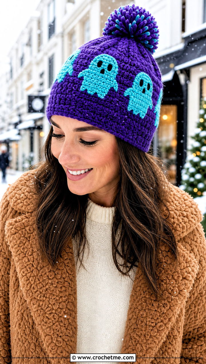 Pom Pom Ghost Crochet Beanie With Teddy Coat - 25 Ghost Crochet Hat outfit ideas