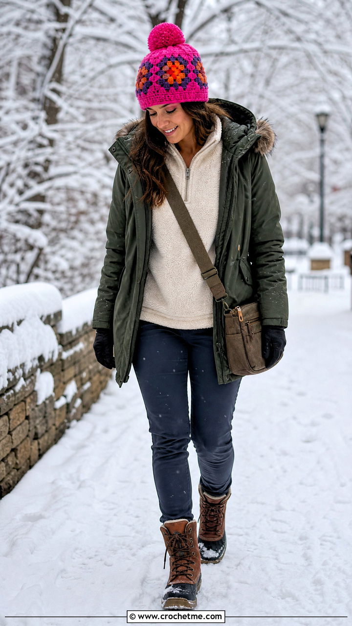 Pom Pom Granny Square Beanie With Parka - 35 crochet granny square beanie outfit ideas