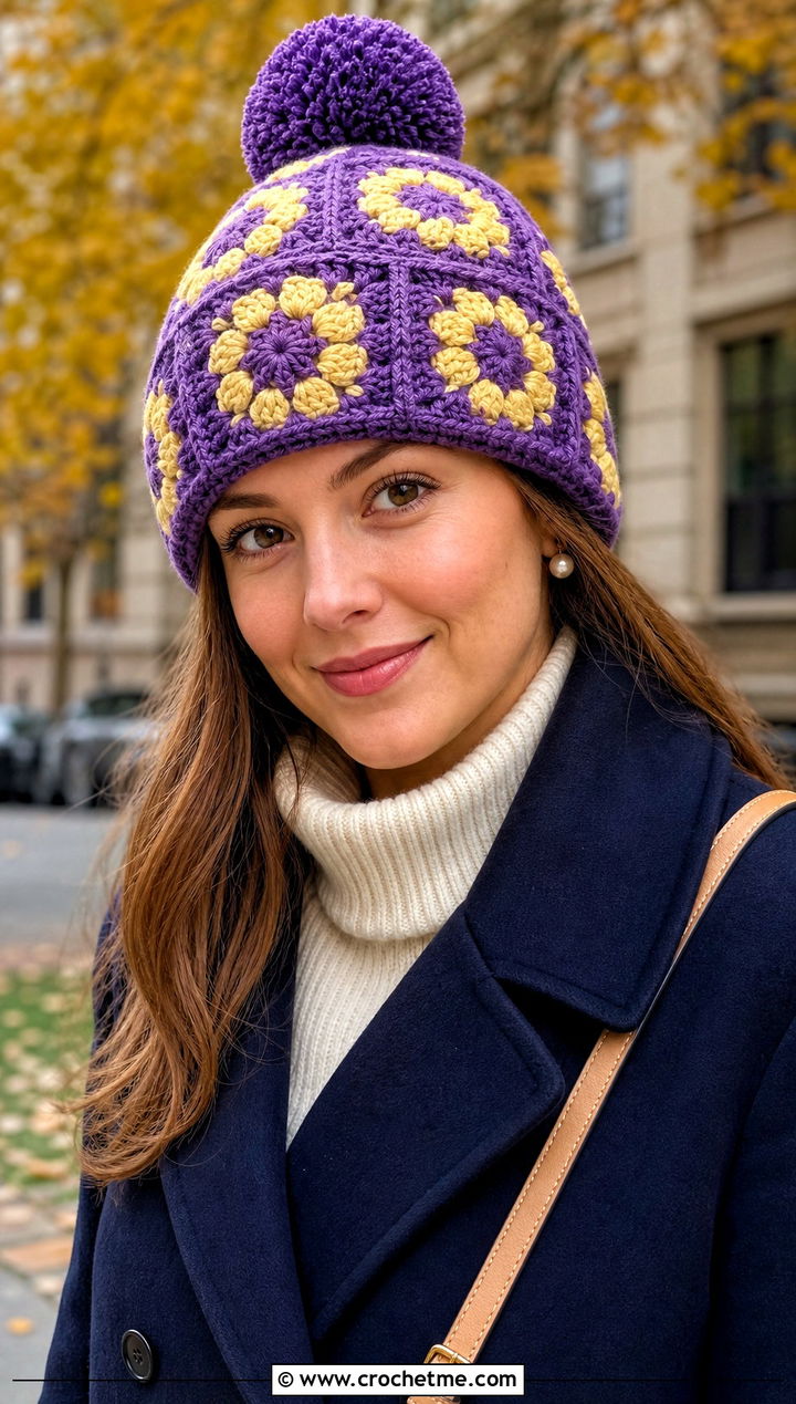Pom Pom Granny Square Beanie With Peacoat - 30 granny square beanie outfit ideas