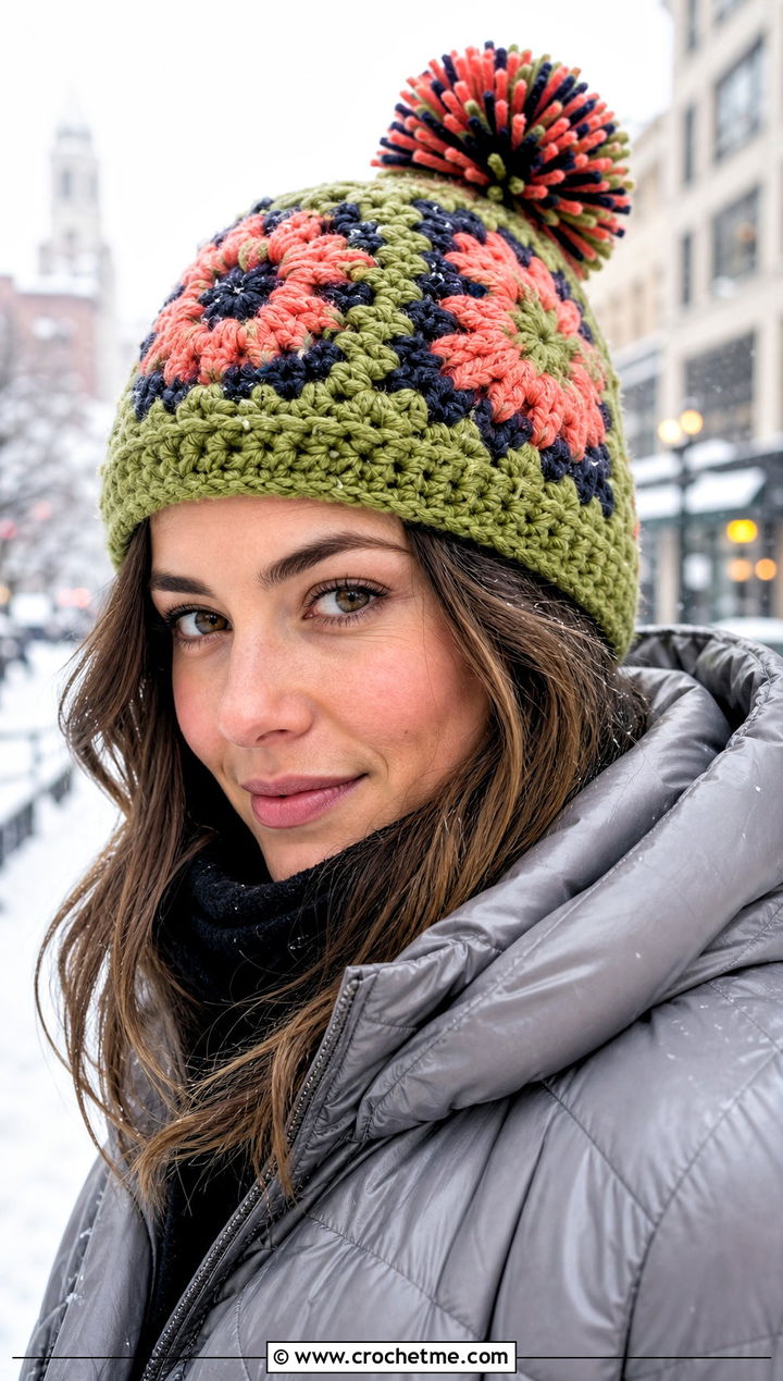 Pom Pom Granny Square Crochet Beanie With Puffer Jacket And Leggings - 30 granny square crochet beanie outfit ideas