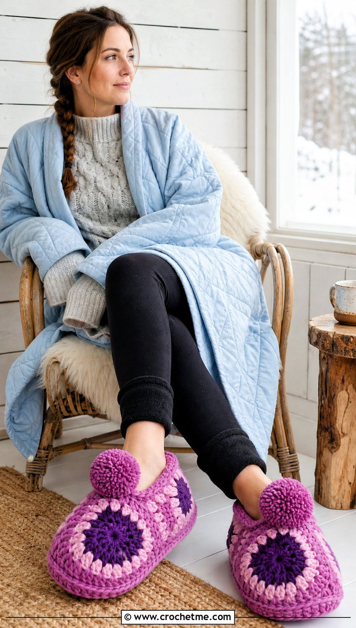 Pom Pom Granny Square Slippers With Fleece Leggings - 25 Crochet Granny Square Slippers outfit ideas