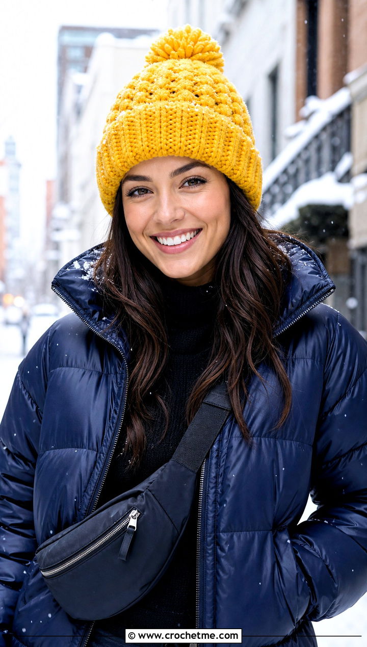 Pom Pom Granny Stitch Hat With Puffer Jacket And Leggings - 30 crochet granny stitch hat outfit ideas