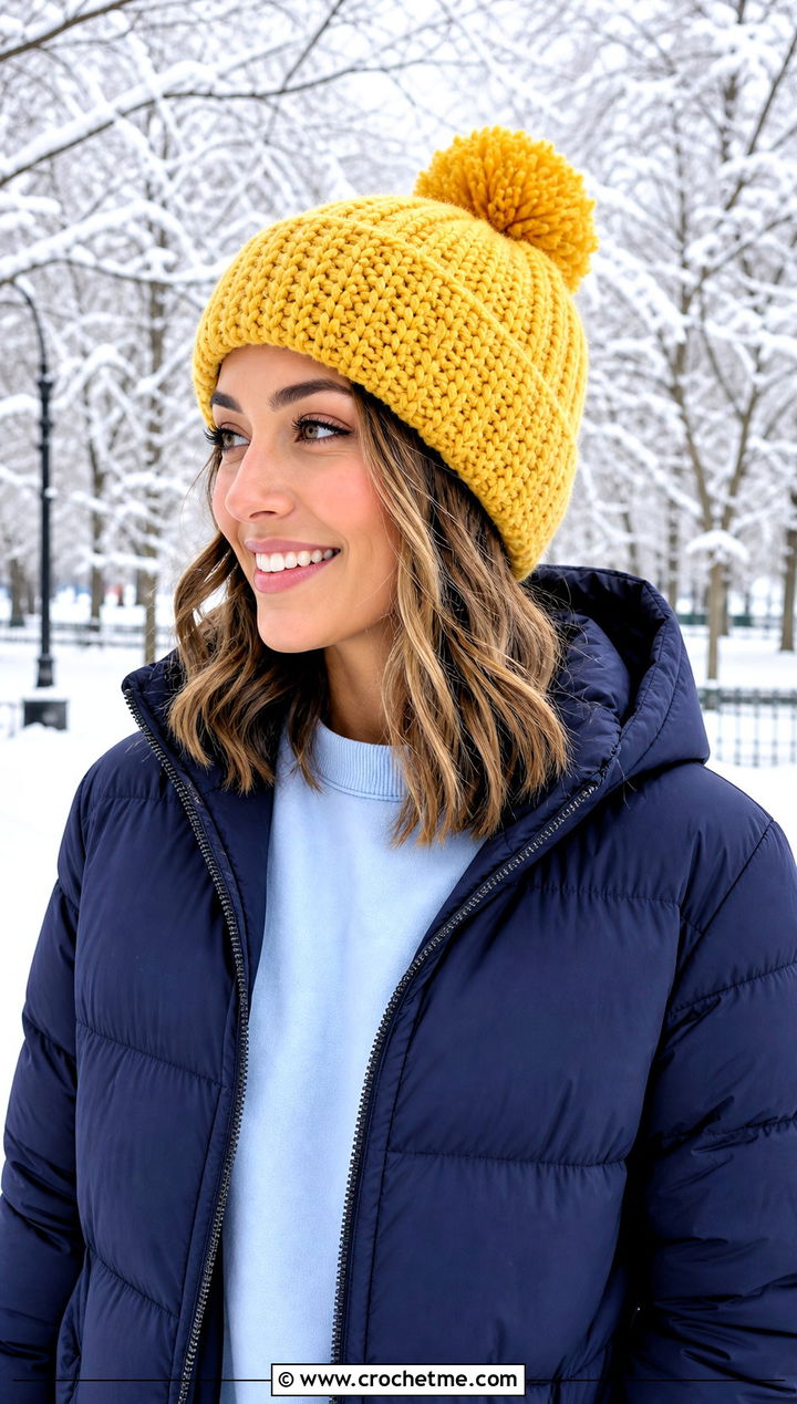 Pom Pom HDC Crochet Beanie With Puffer Jacket - 20 hdc crochet beanie outfit ideas