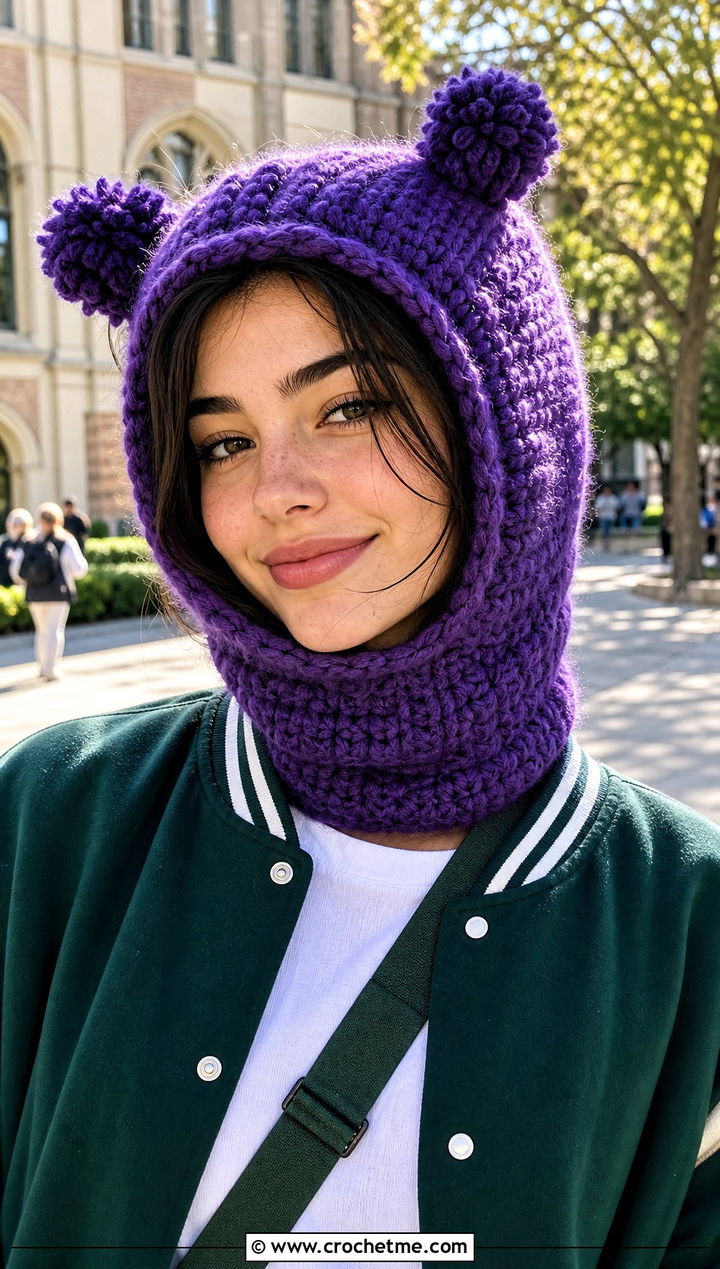 Pom Pom Hooded Crochet Balaclava With Varsity Jacket - 30 hooded crochet balaclava outfit ideas
