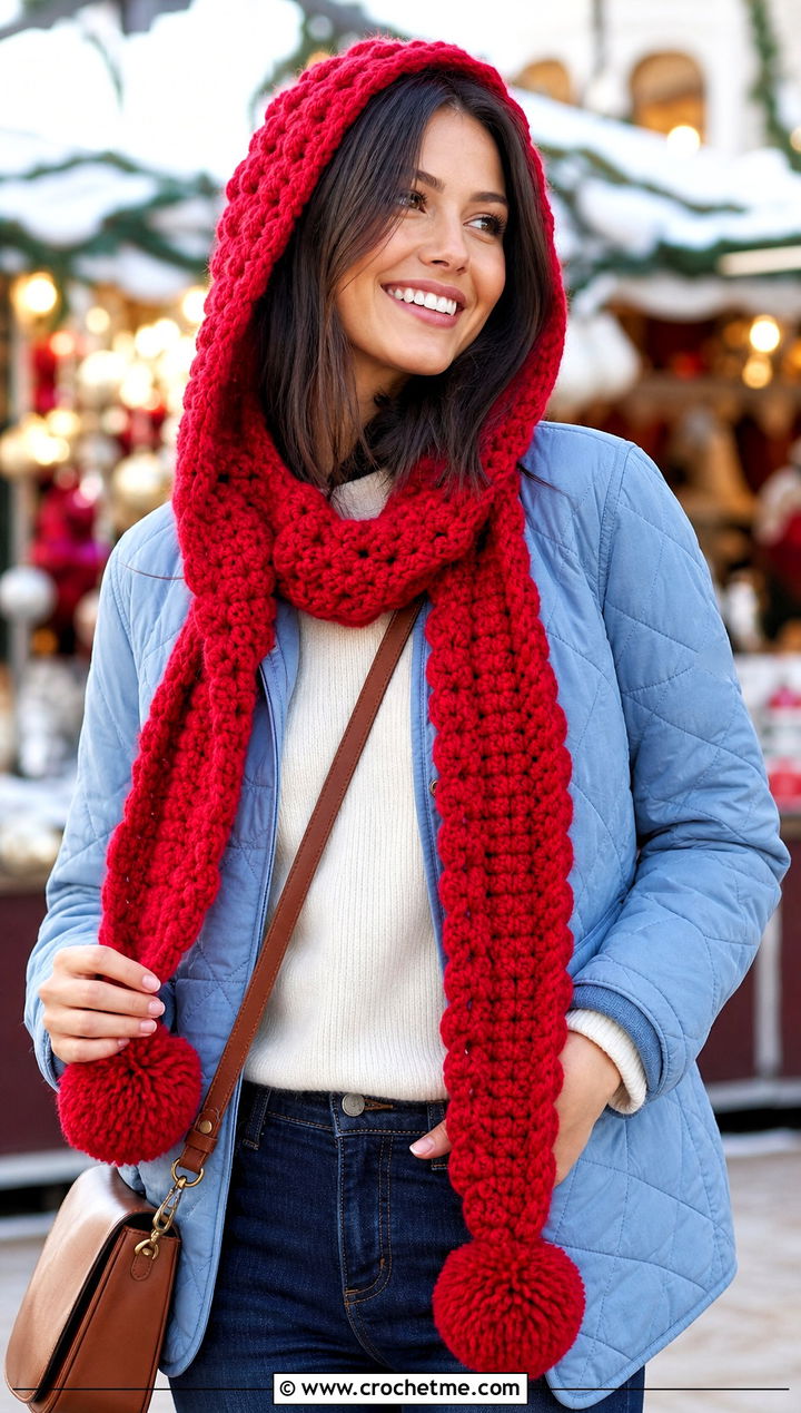 Pom Pom Hooded Scarf With Quilted Jacket - 25 Crochet Hoodie Scarf outfit ideas