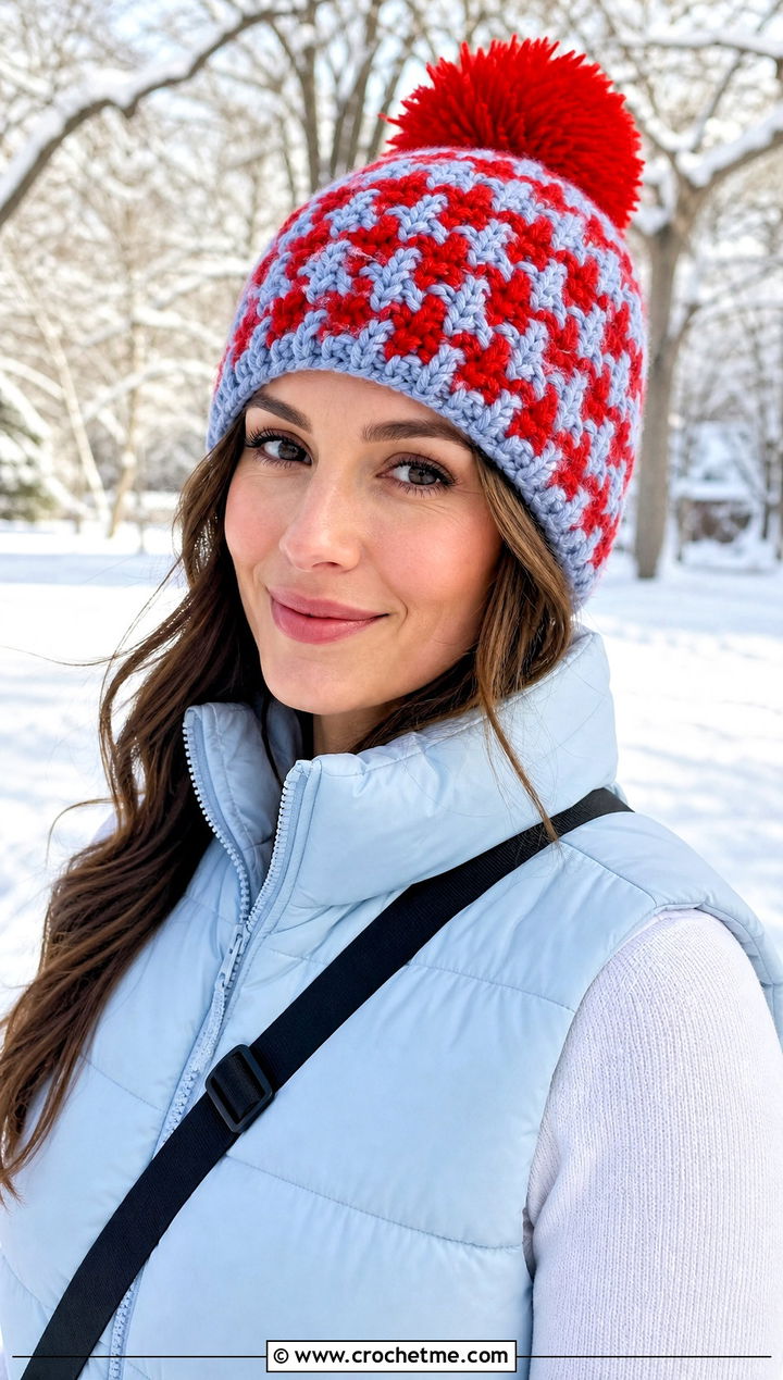 Pom Pom Houndstooth Crochet Beanie With Puffer Vest - 15 houndstooth crochet hat outfit ideas