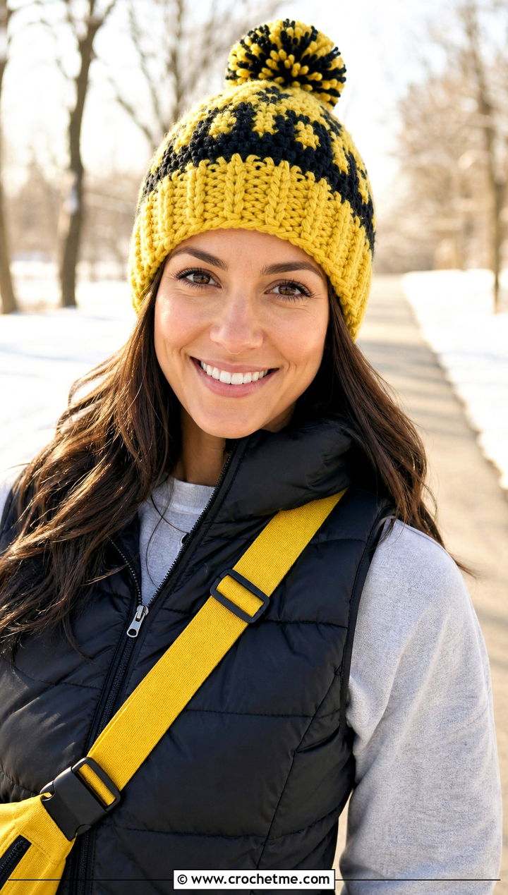 Pom Pom Hufflepuff Crochet Beanie With Puffer Vest - 15 Hufflepuff Crochet Hat outfit ideas