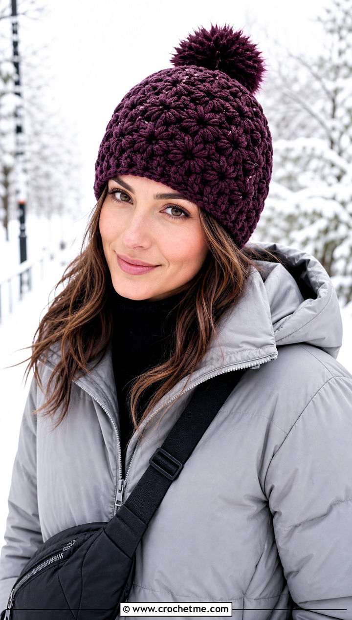 Pom Pom Jasmine Stitch Crochet Beanie With Puffer Coat - 20 jasmine stitch crochet hat outfit ideas
