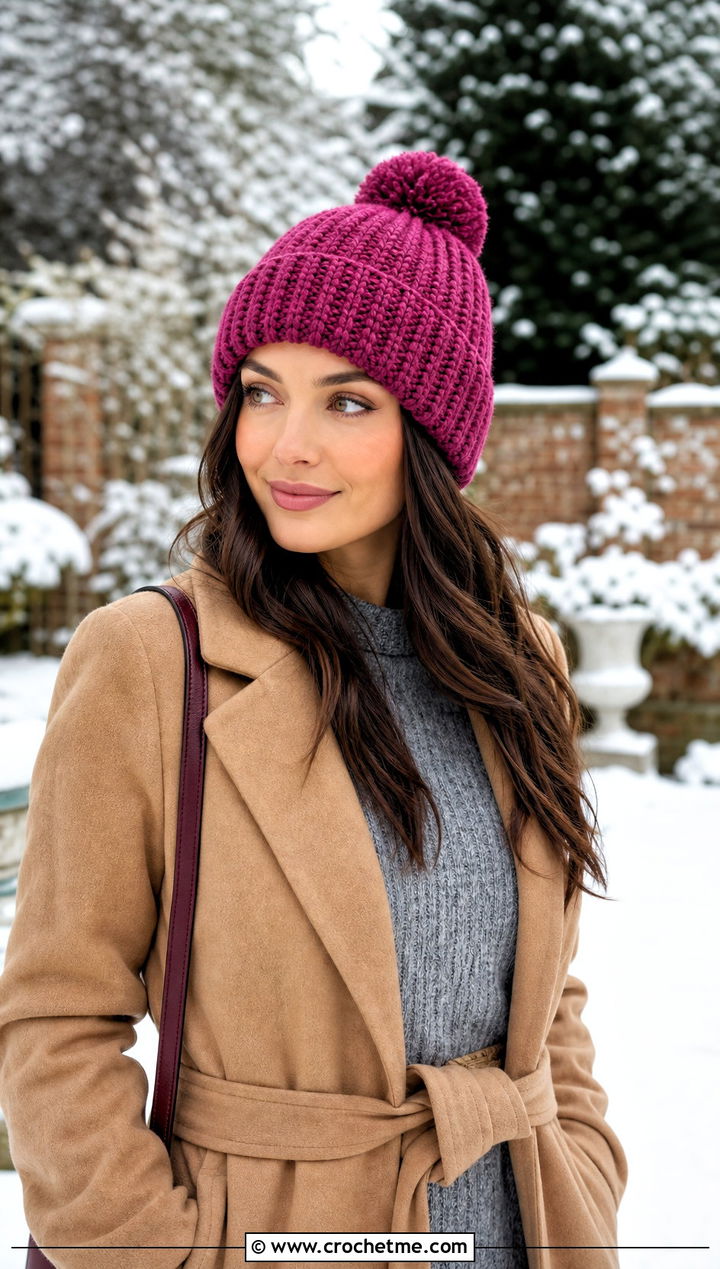 Pom Pom Knit Look Crochet Beanie With Sweater Dress - 20 Crochet Beanie That Looks Like Knit outfit ideas