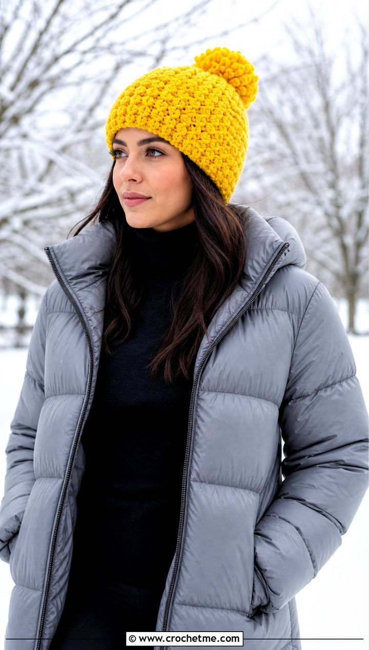Pom Pom Lemon Peel Stitch Crochet Beanie With Puffer Jacket And Leggings - 15 Lemon Peel Stitch Crochet Hat outfit ideas