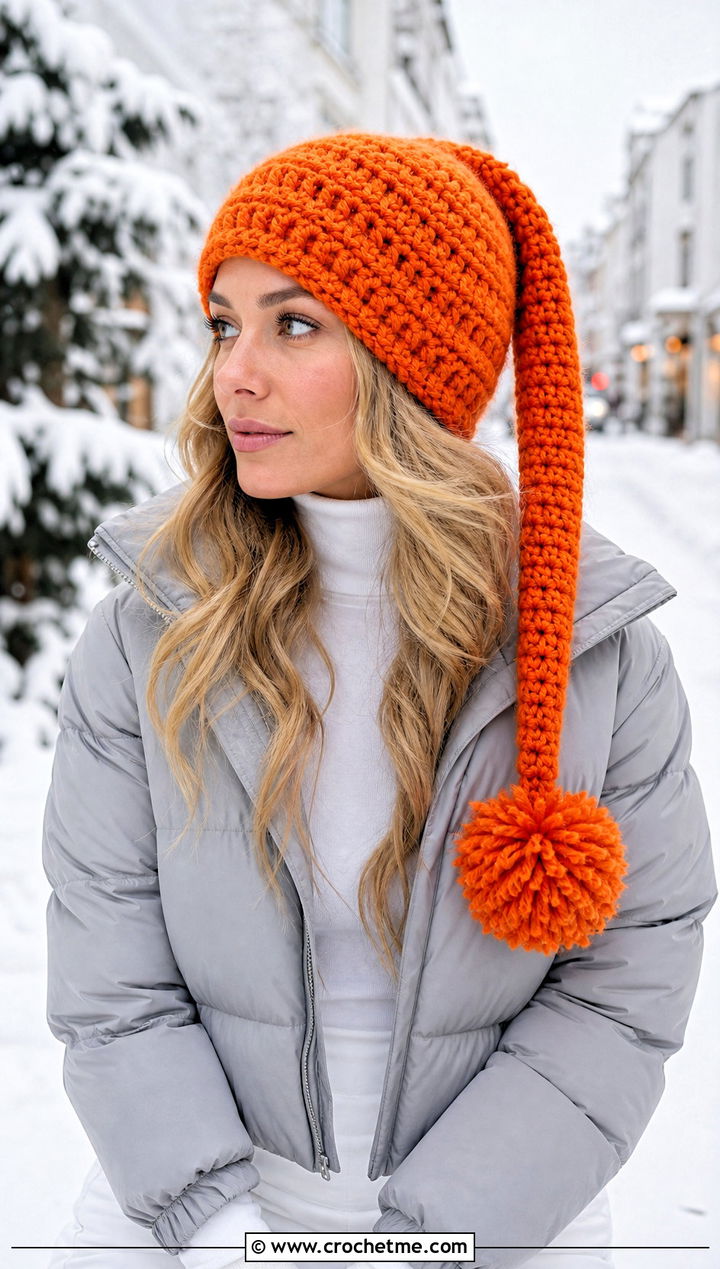 Pom Pom Long Crochet Hat With Puffer Jacket - 30 crochet long hat outfit ideas