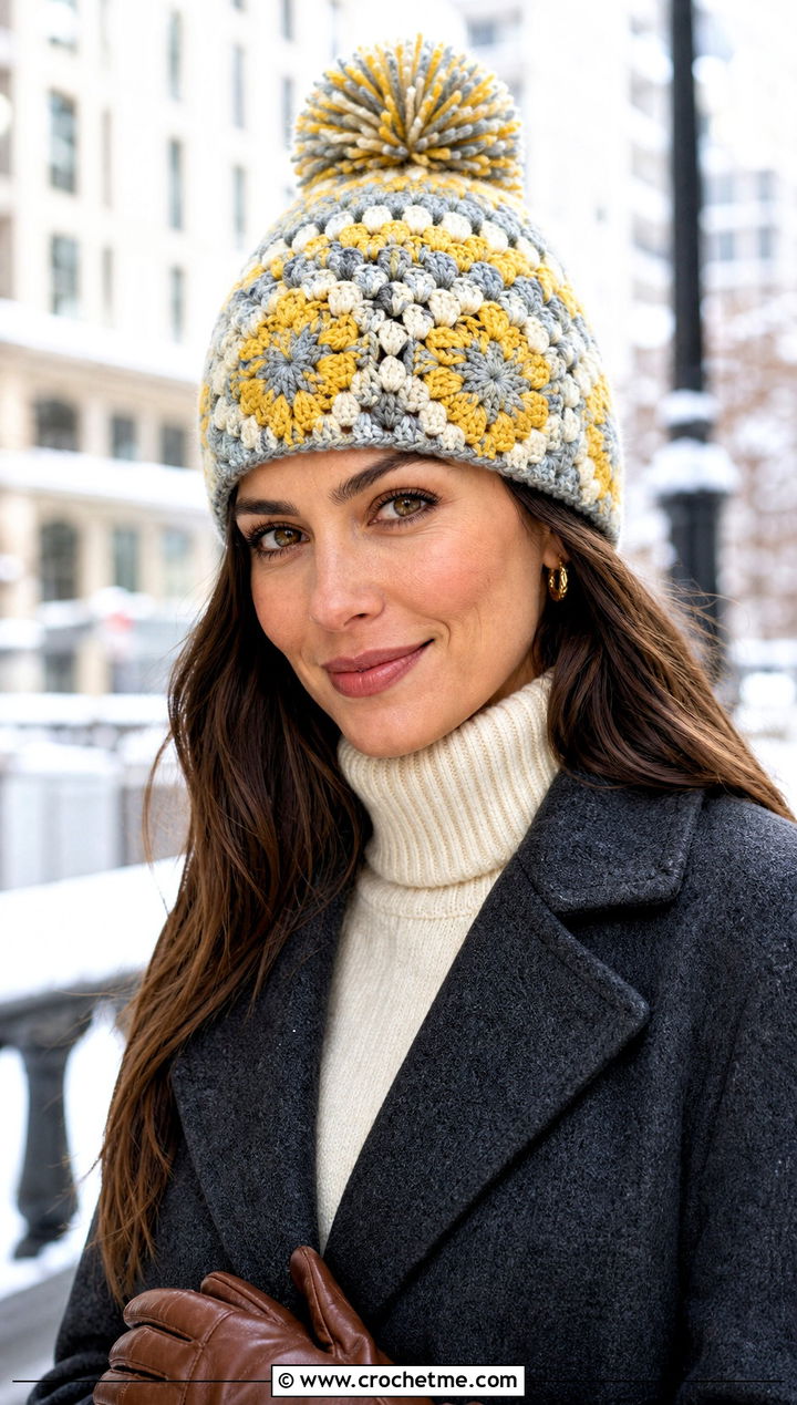 Pom Pom Mandala Crochet Beanie With Wool Coat - 20 Mandala Crochet Beanie outfit ideas