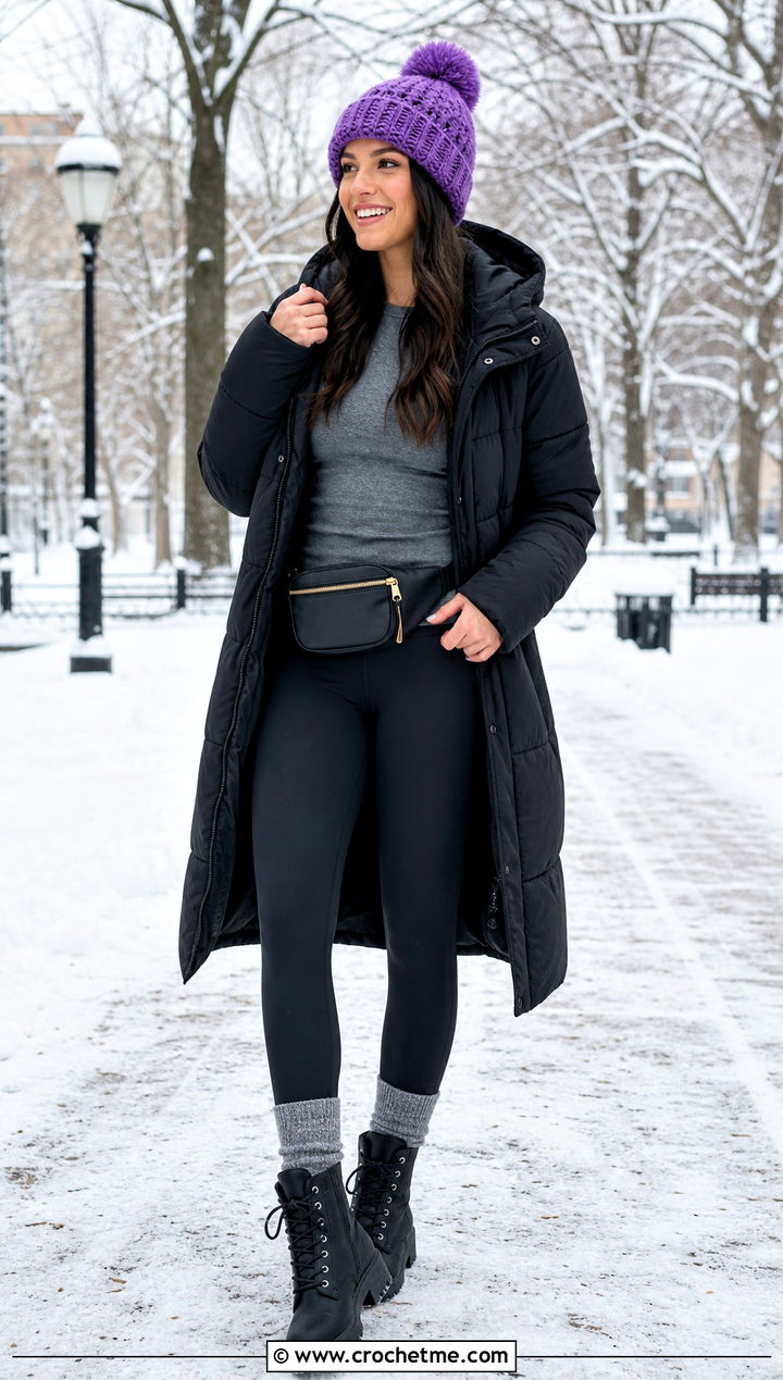 Pom Pom Mohair Crochet Beanie With Puffer Coat And Leggings - 35 mohair crochet beanie outfit ideas