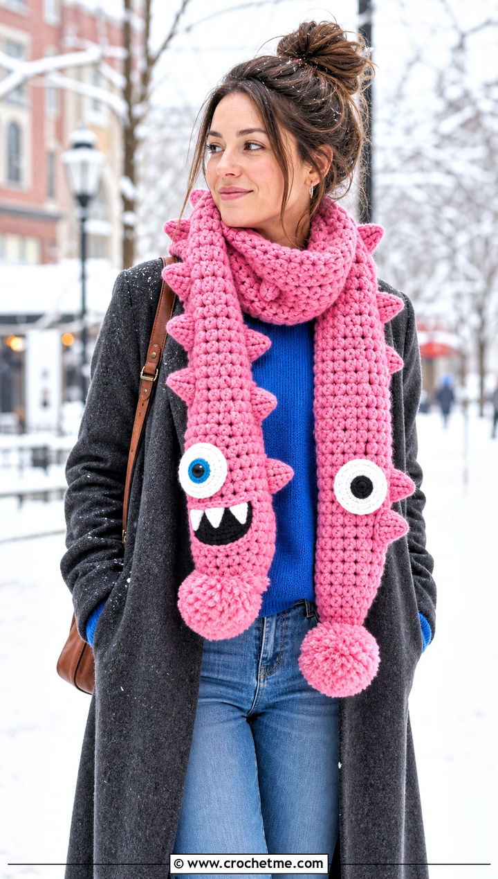 Pom Pom Monster Crochet Scarf With Wool Coat - 15 Funny Crochet Scarf outfit ideas
