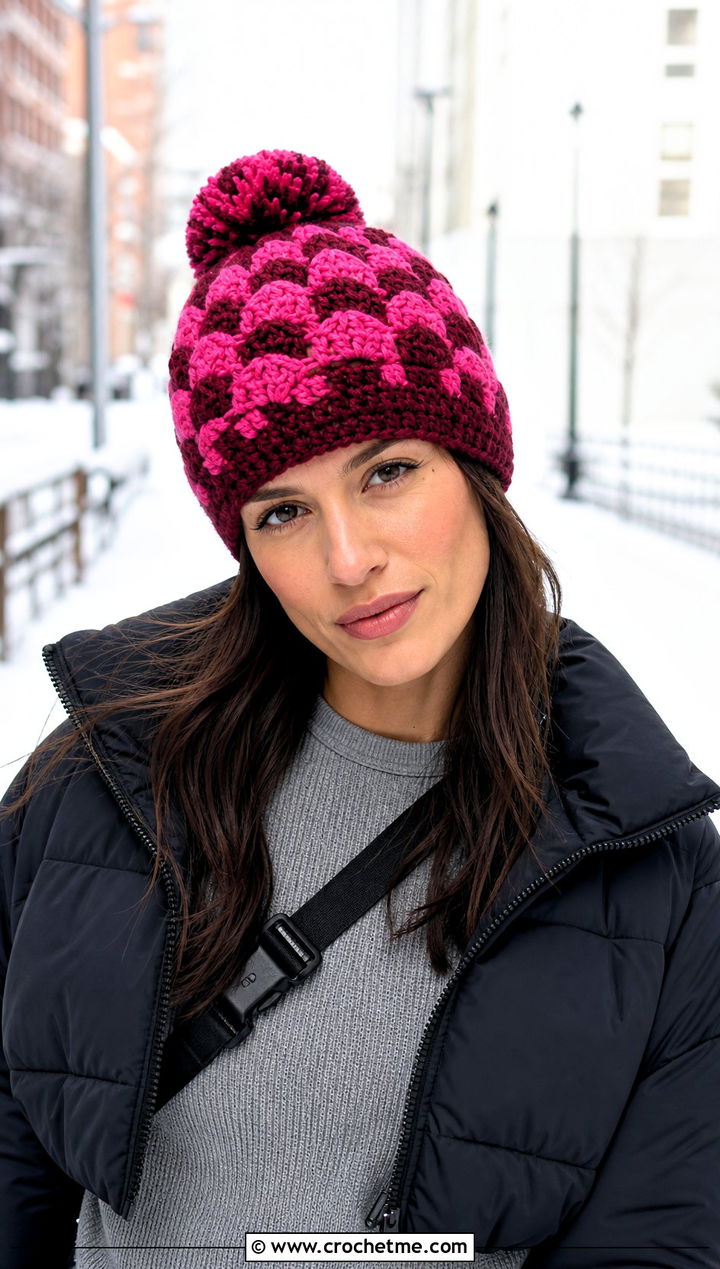 Pom Pom Mosaic Crochet Beanie With Puffer Jacket - 25 Mosaic Crochet Beanie outfit ideas