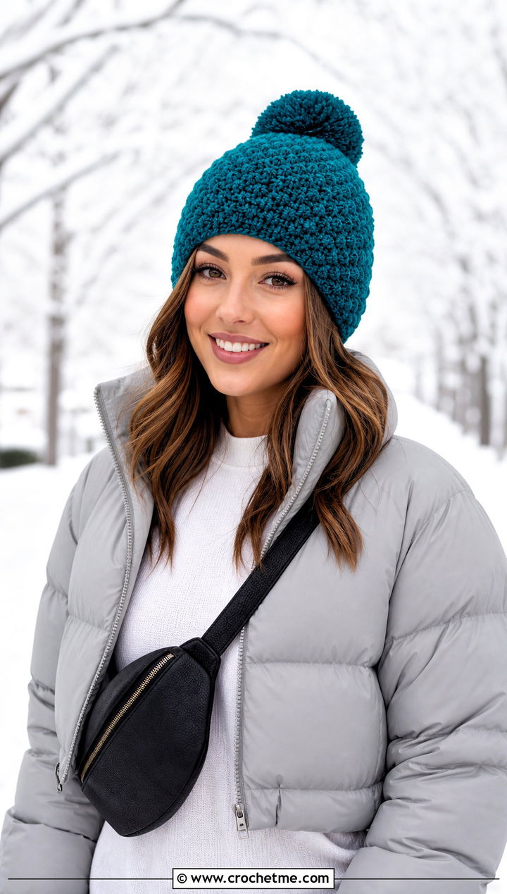 Pom Pom Moss Stitch Beanie With Puffer Coat - 25 Crochet Moss Stitch Hat outfit ideas