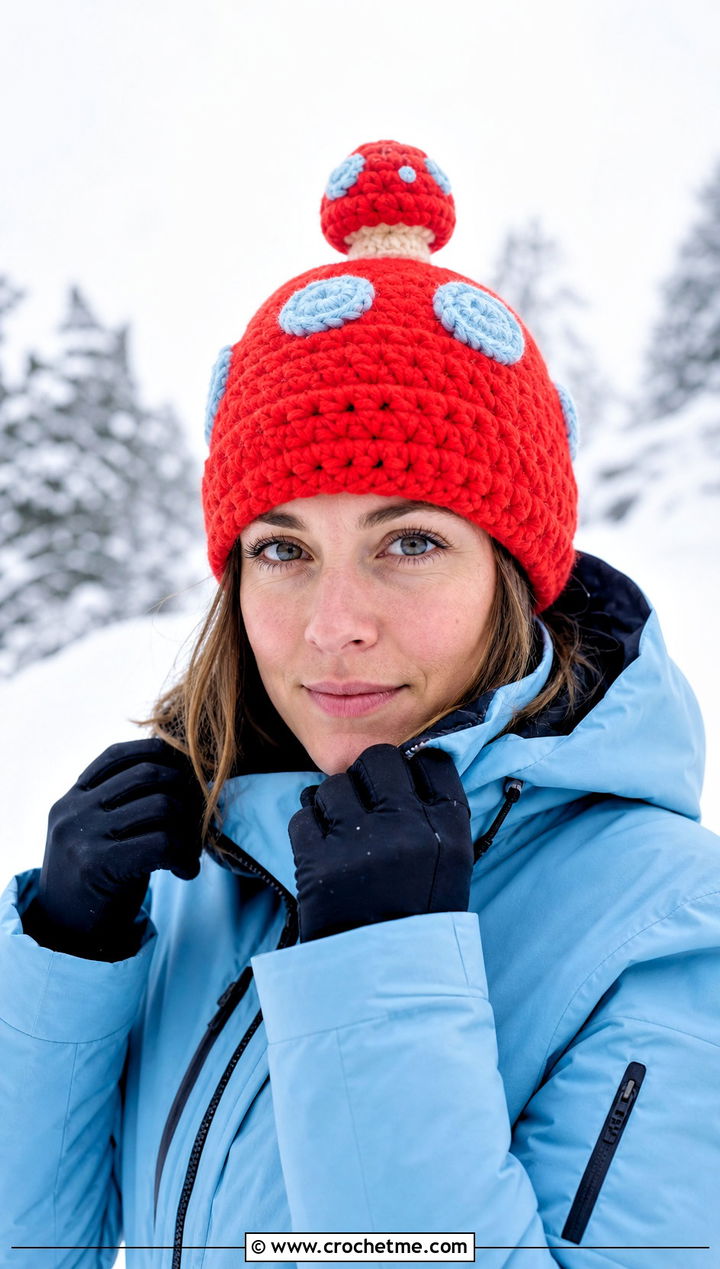 Pom Pom Mushroom Beanie Crochet Hat With Ski Jacket - 25 mushroom crochet hat outfit ideas