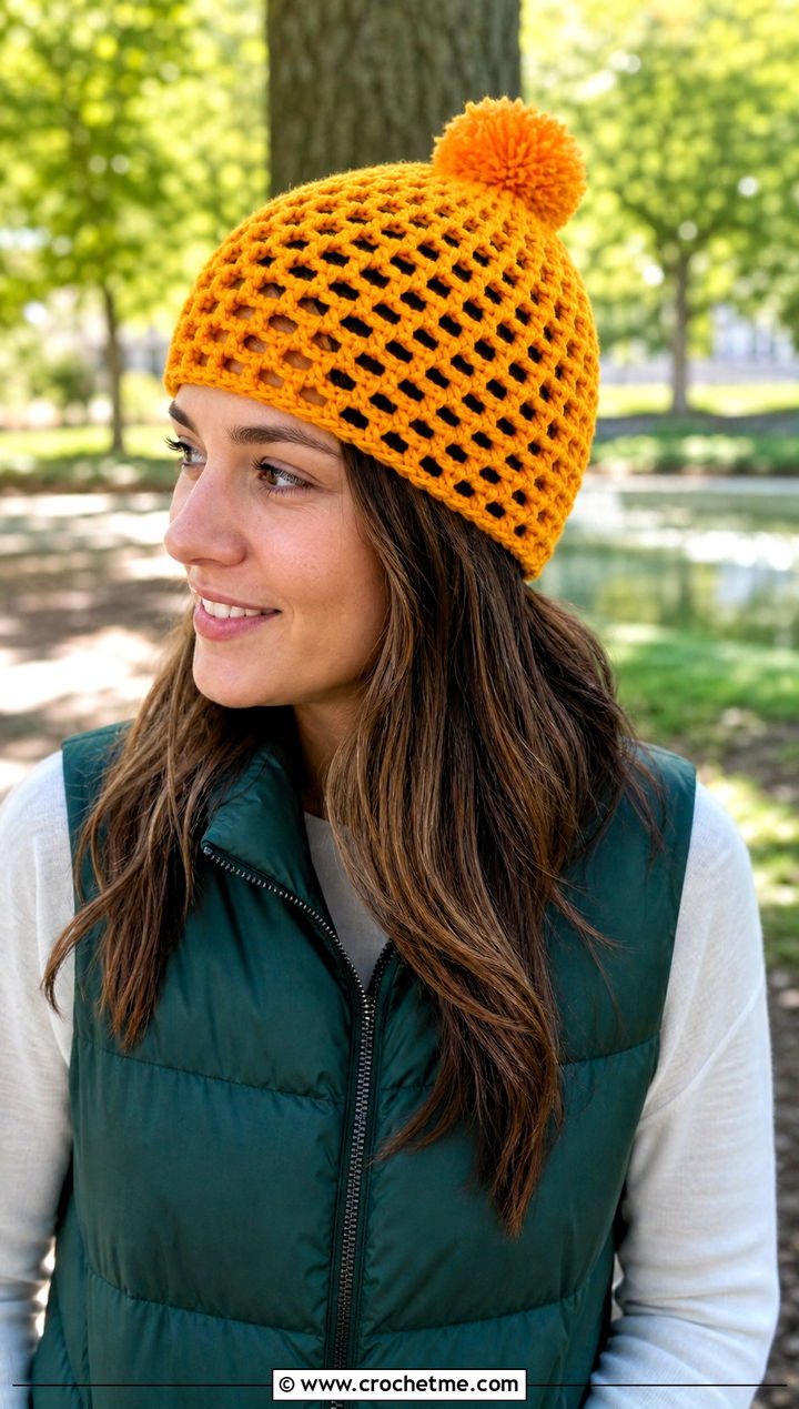 Pom Pom Net Cap With Puffer Vest - 25 crochet net hat outfit ideas