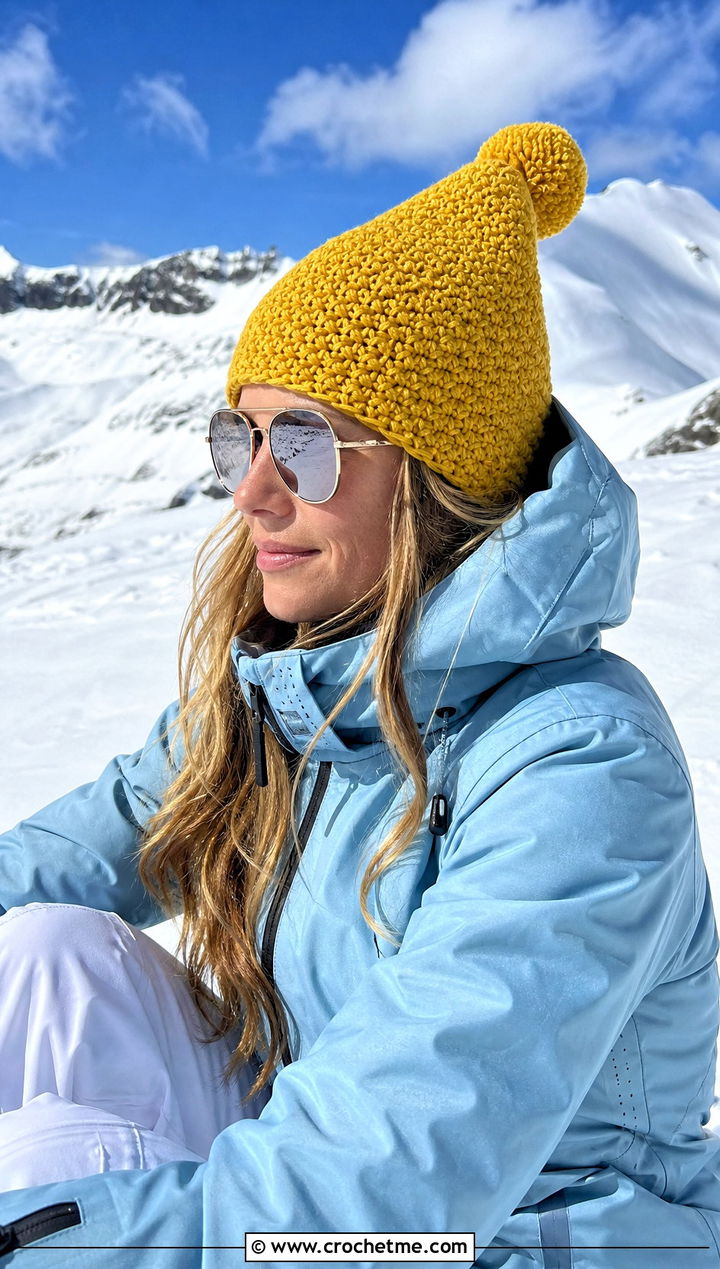 Pom Pom Pointed Crochet Hat With Ski Jacket and Snow Pants - 20 Pointed Crochet Hat outfit ideas