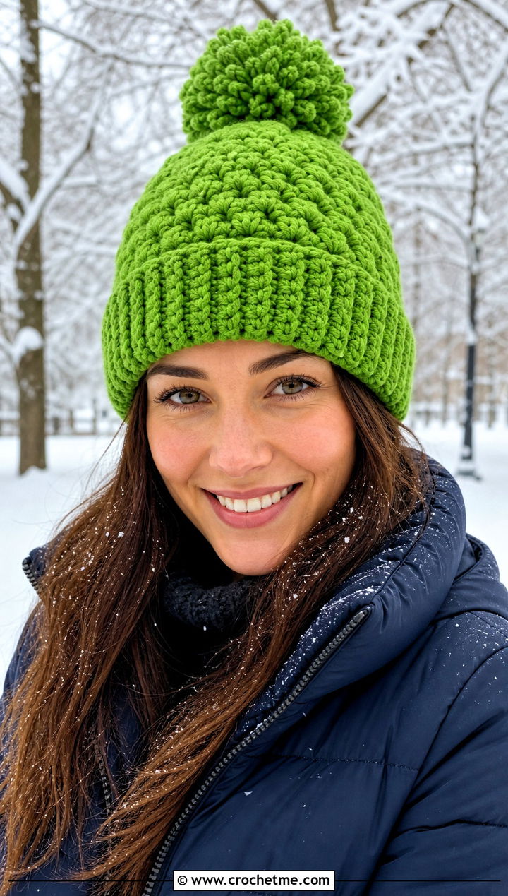 Pom Pom Puff Stitch Beanie With Puffer Coat And Leggings - 25 crochet puff stitch beanie outfit ideas
