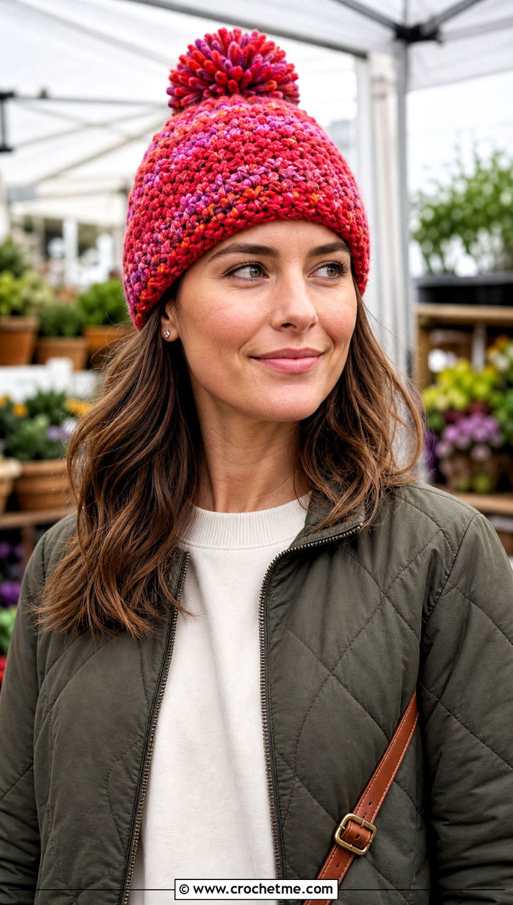 Pom Pom Scrap Yarn Crochet Beanie With Quilted Jacket - 30 scrap yarn crochet beanie outfit ideas