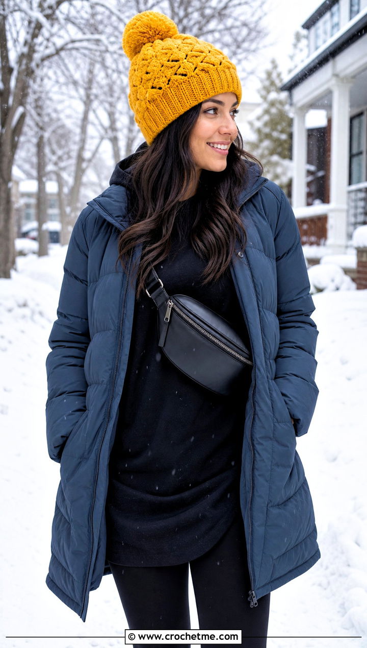 Pom Pom Shell Stitch Beanie With Puffer Coat And Leggings - 20 shell crochet beanie outfit ideas