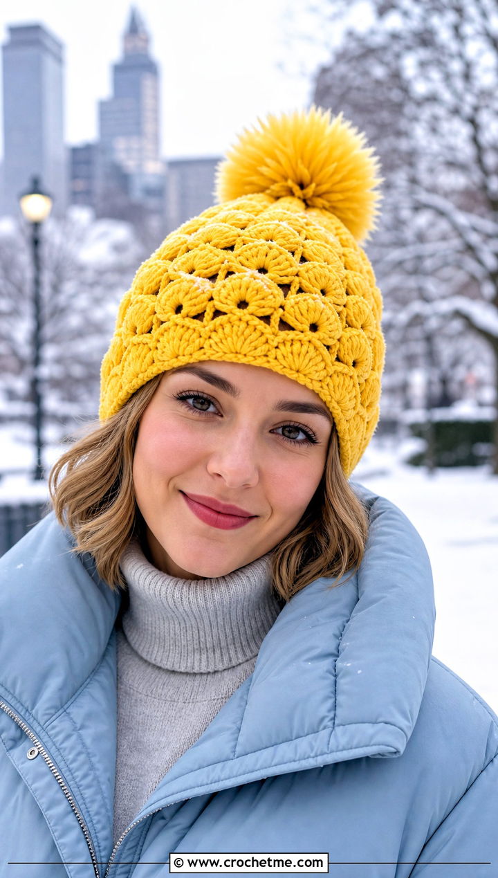 Pom Pom Shell Stitch Beanie With Puffer Coat - 15 Crochet Shell Stitch Beanie outfit ideas
