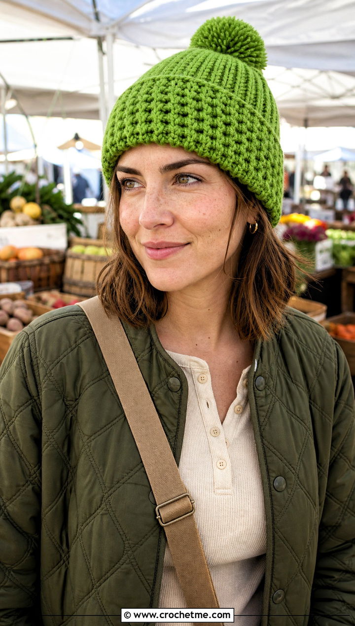 Pom Pom Short Row Crochet Hat With Quilted Jacket - 25 short row crochet hat outfit ideas