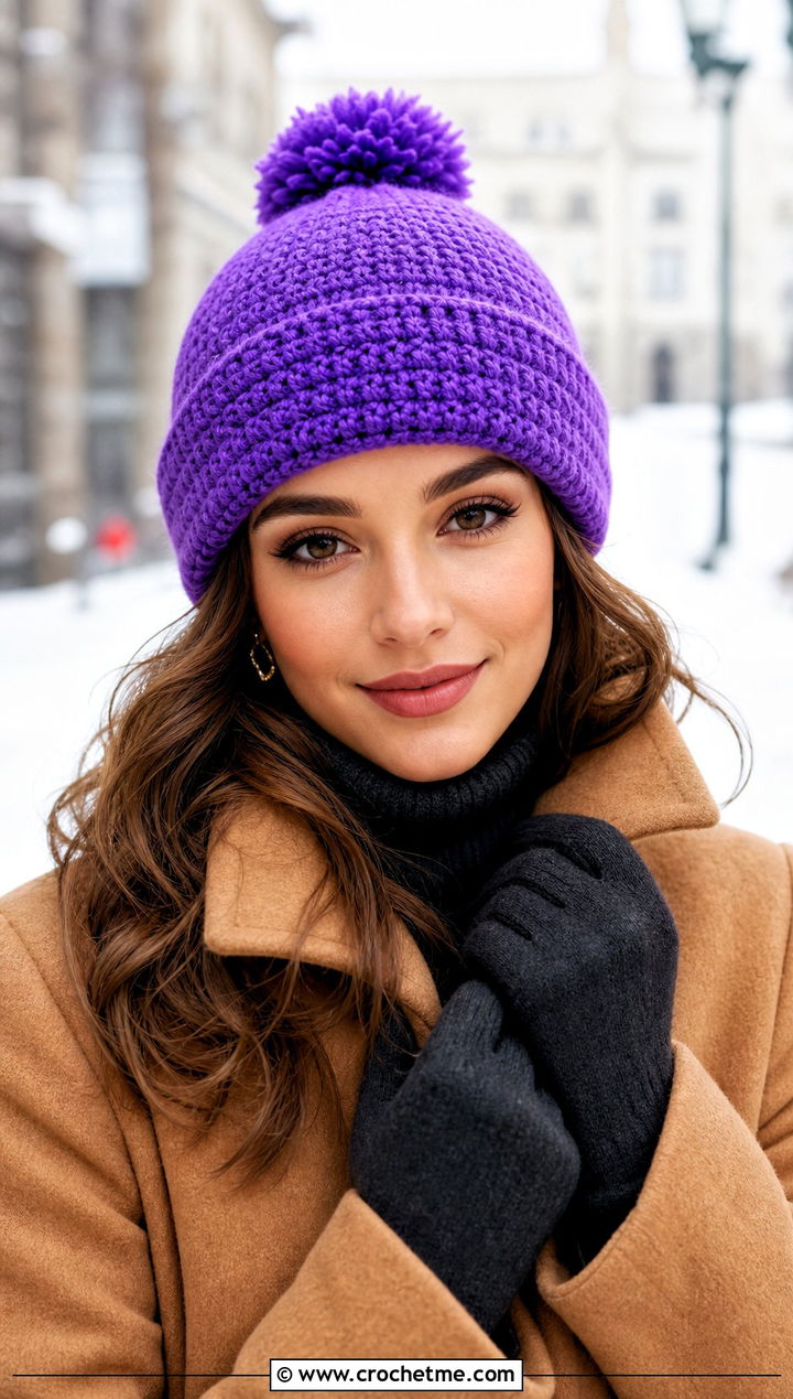 Pom Pom Single Crochet Beanie With Wool Coat - 15 Sc Crochet Beanie outfit ideas