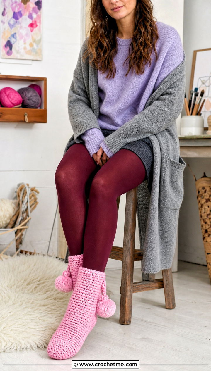 Pom Pom Slipper Crochet Winter Socks With Sweater Shorts - 30 crochet winter socks outfit ideas
