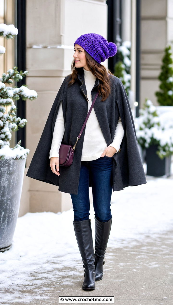 Pom Pom Slouch Crochet Beanie With Cape Coat And Skinny Jeans - 35 simple crochet beanie outfit ideas