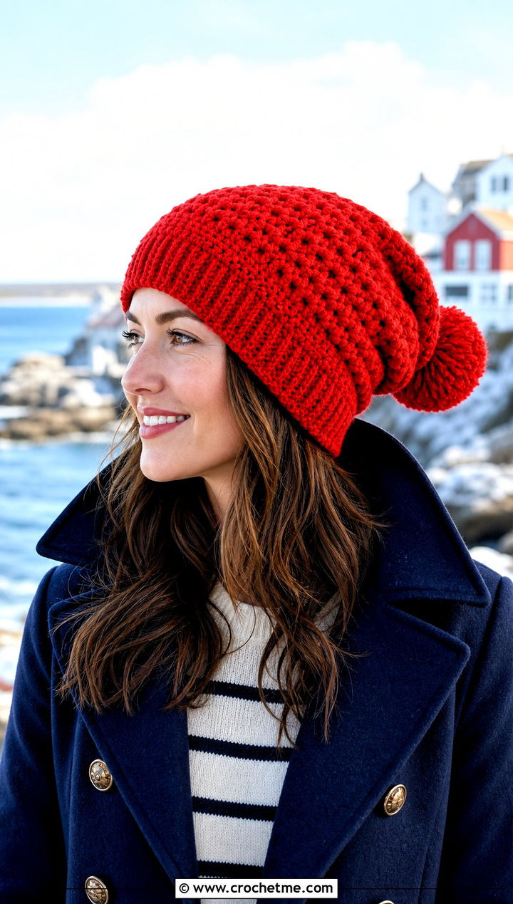 Pom Pom Slouch Crochet Beanie With Peacoat - 30 slouch crochet beanie outfit ideas