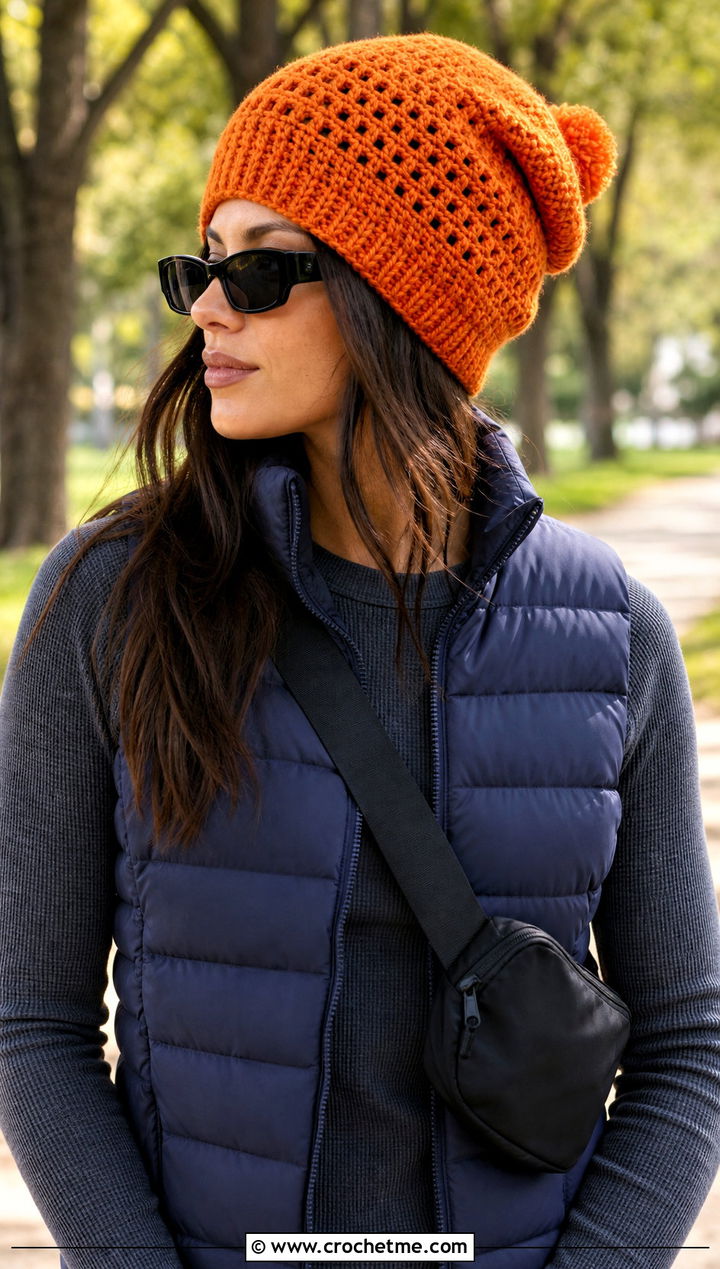 Pom Pom Slouchy Crochet Hat With Puffer Vest - 15 Slouchy Crochet Hat outfit ideas