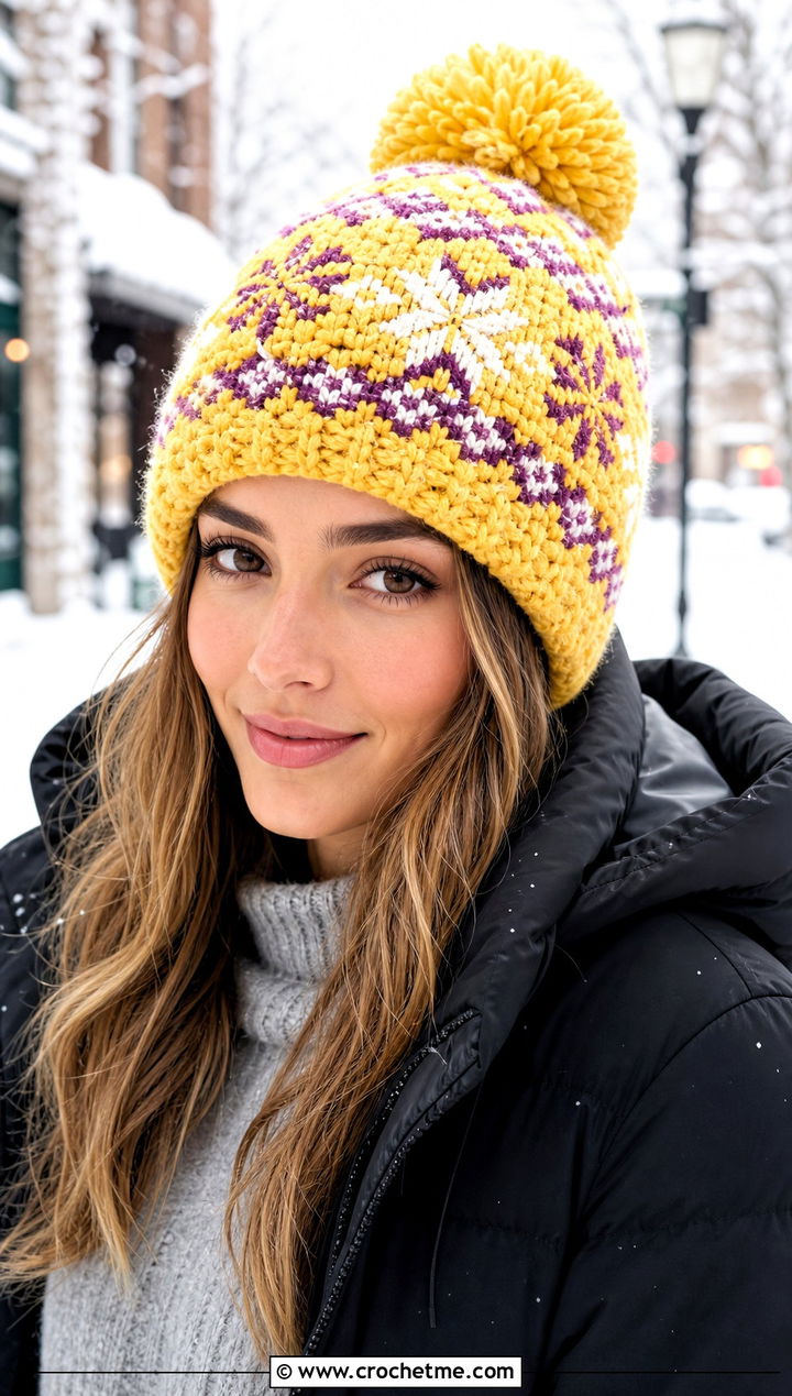 Pom Pom Snowflake Crochet Fair Isle Beanie With Puffer Coat - 20 Crochet Fair Isle Beanie outfit ideas