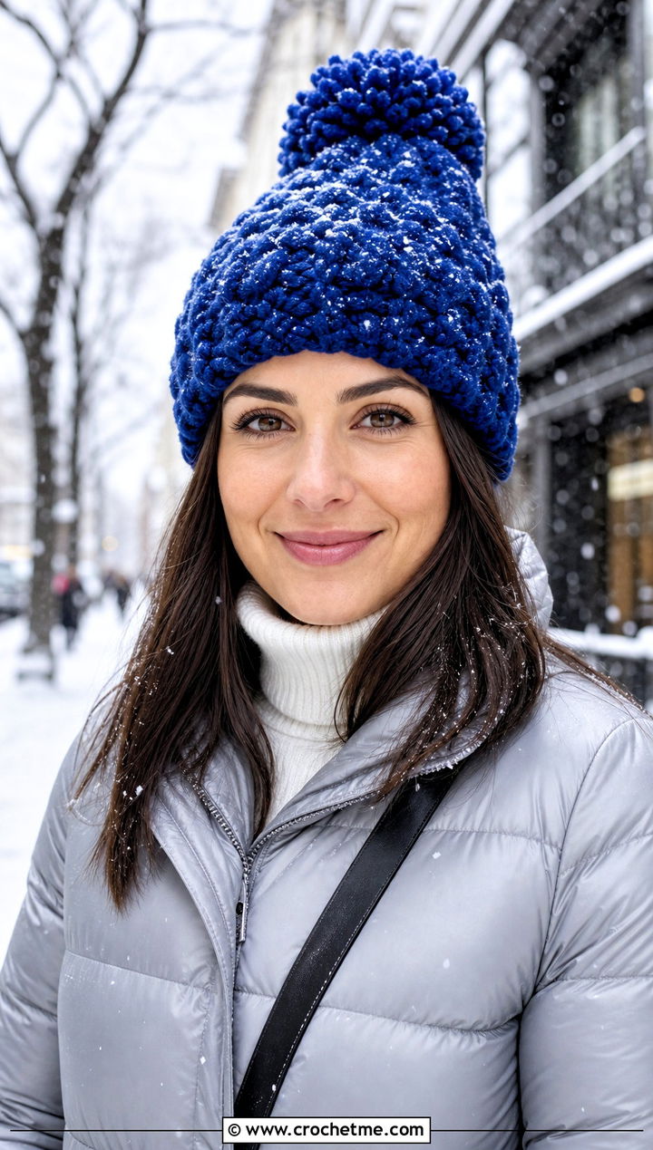 Pom Pom Snowy Puff Crochet Hat With Puffer Coat - 15 snowy puff crochet hat outfit ideas