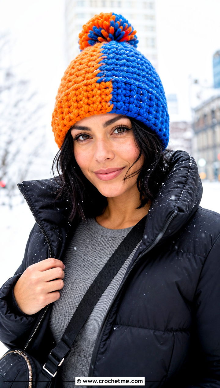 Pom Pom Split Color Crochet Beanie With Puffer Jacket - 15 Split Color Crochet Beanie outfit ideas