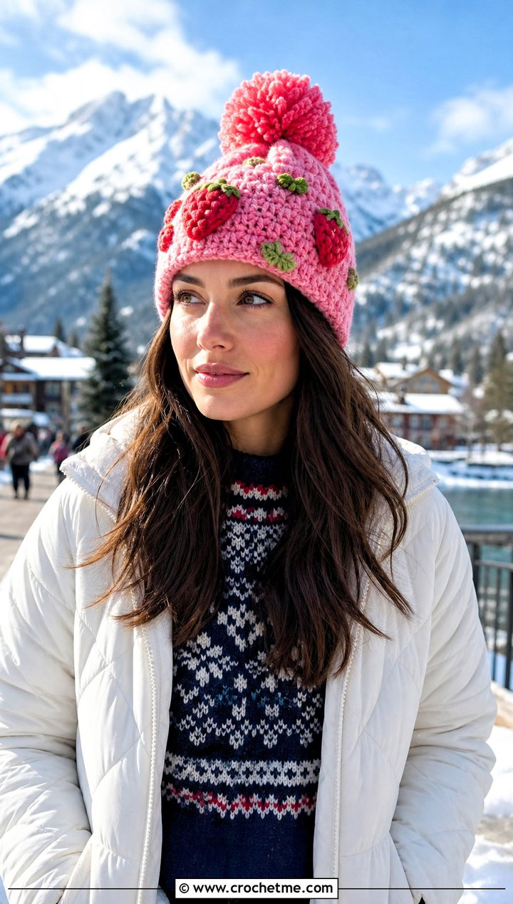 Pom Pom Strawberry Shortcake Beanie With Snow Pants - 30 crochet strawberry shortcake hat outfit ideas