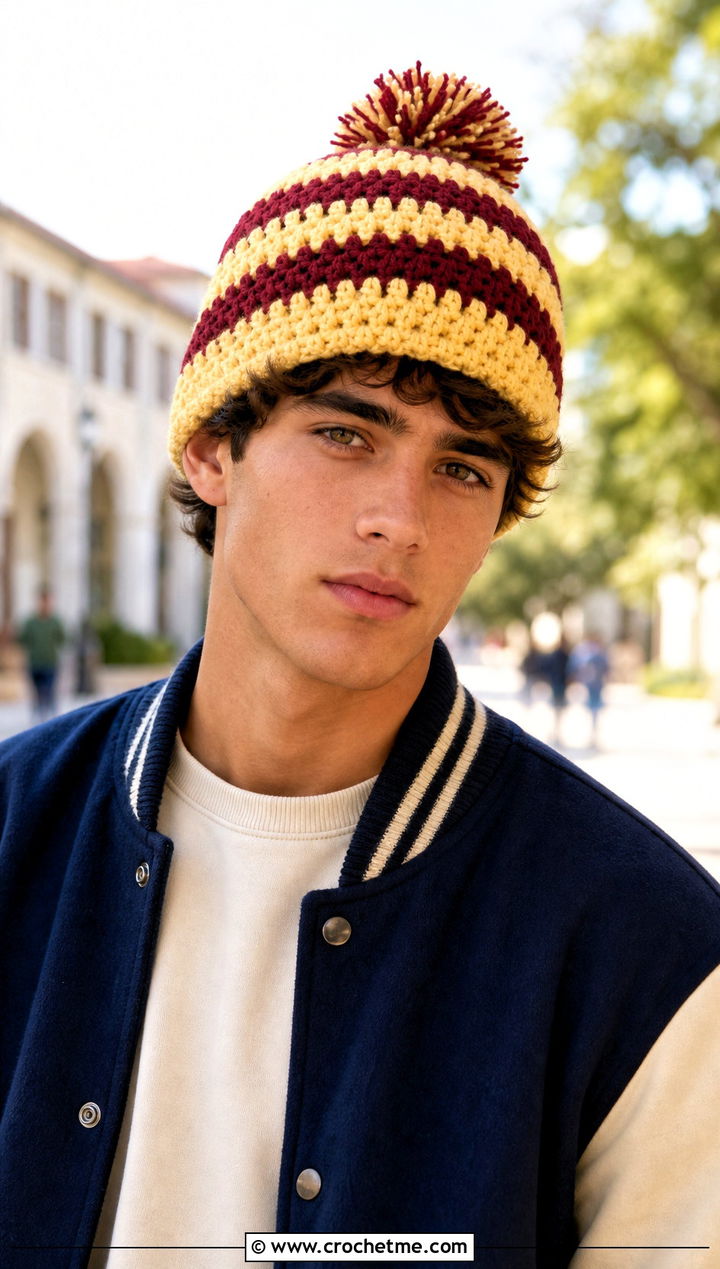 Pom Pom Striped Crochet Beanie With Varsity Jacket - 15 mens striped crochet beanie outfit ideas