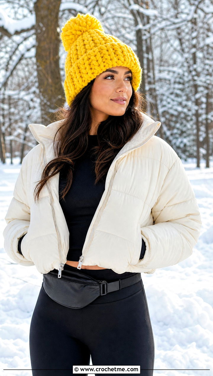 Pom Pom Super Bulky Crochet Beanie With Puffer Jacket - 15 Crochet Hat With Super Bulky Yarn outfit ideas